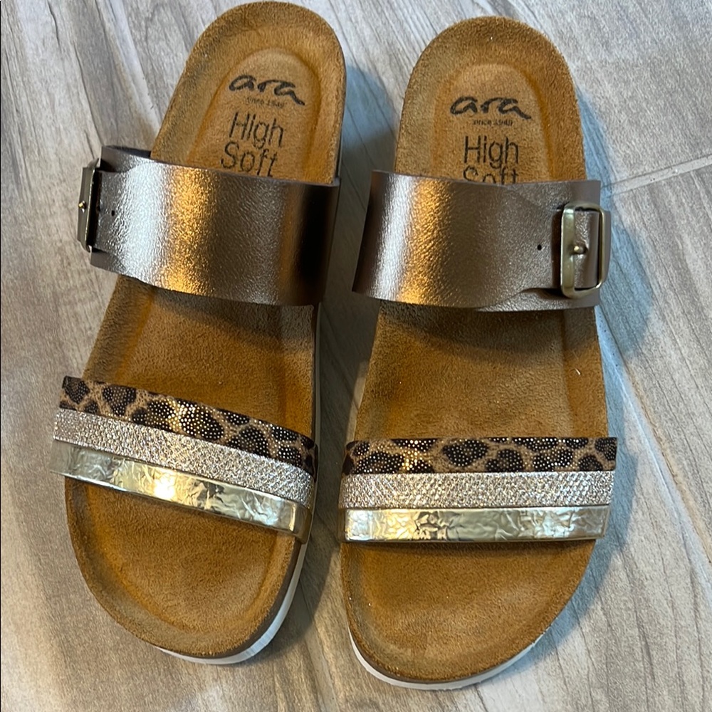 Brown and Gold Ara Sandals with Leopard Print